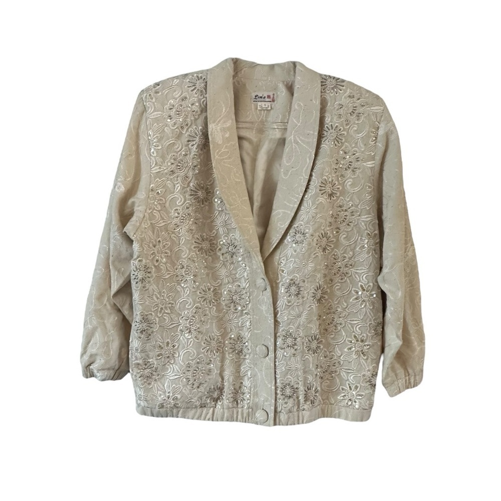 NWT Lim's vintage 100% silk bomber style beaded & embroidered blazer cream color